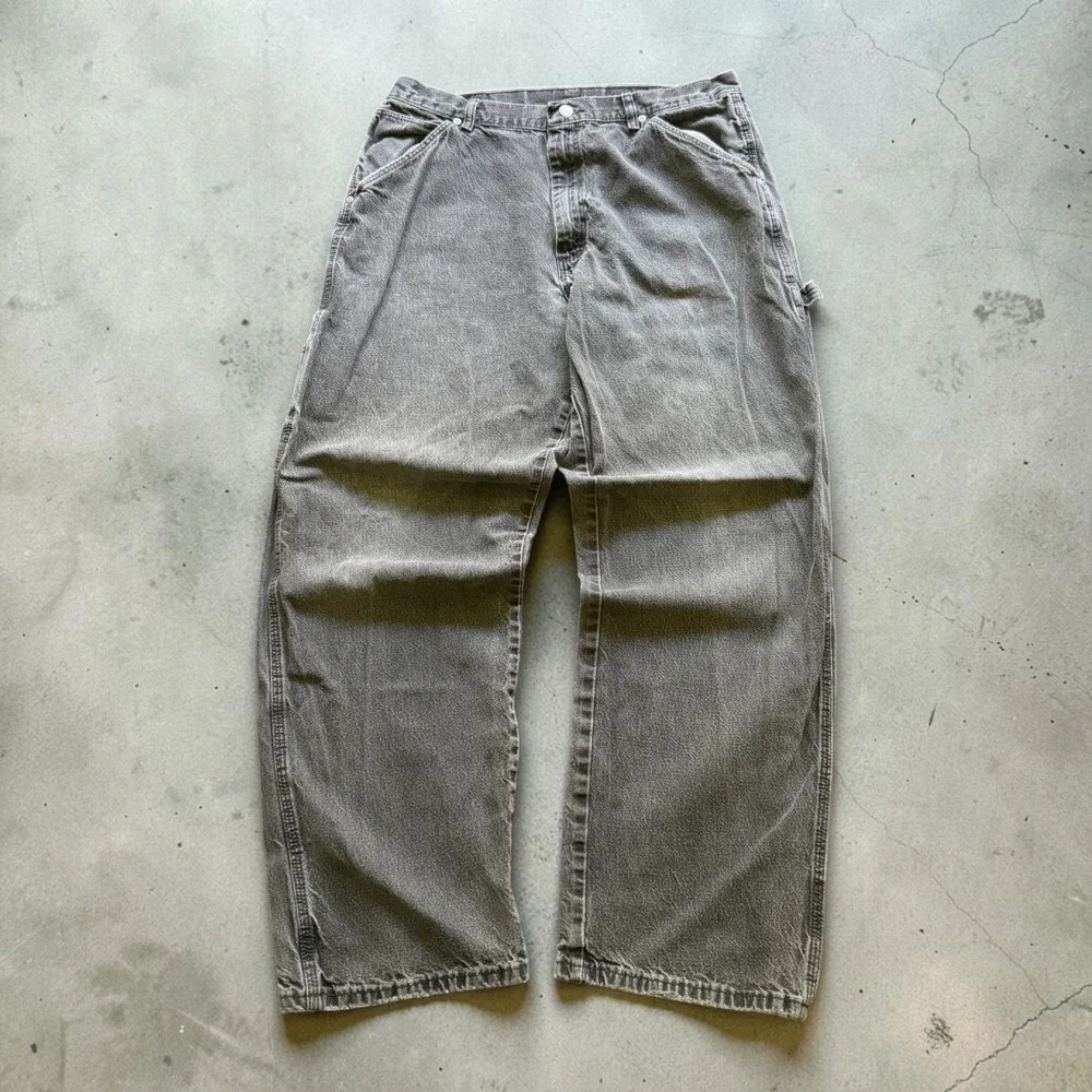 NRG Jeans Co Mens Gray Carpenter Pants Distressed Denim Utility Workwear 34x32